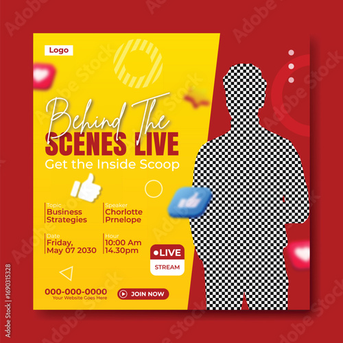 Man with microphone on red background with behind the scenes live poster and social media icons