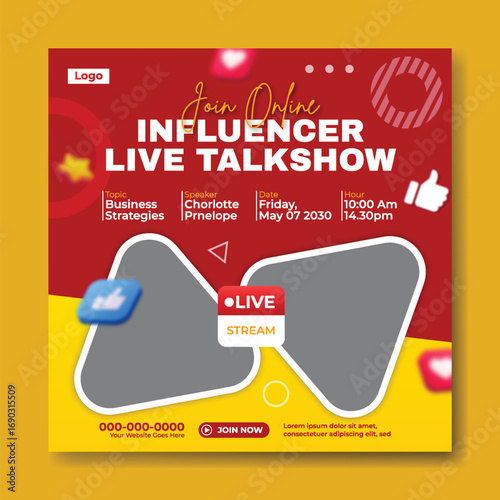 Vibrant influencer live talkshow social media post with two female hosts and engaging graphics