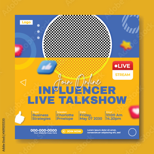 Young woman influencer hosting a live talk show with camera and social media icons