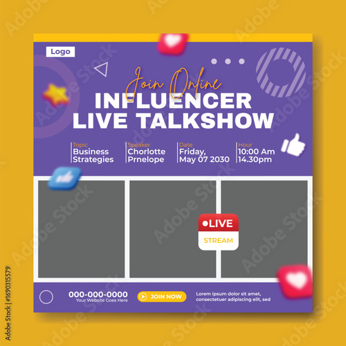 Influencer live talkshow announcement featuring three diverse professionals discussing topics online