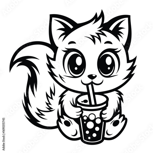 Charming kitty cat is holding a bubble tea with a straw outlined in vector