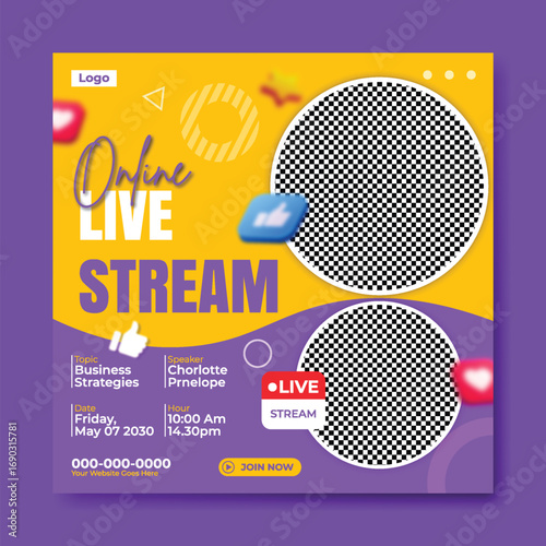 Young woman smiling and broadcasting live stream on social media platform with online engagement icons