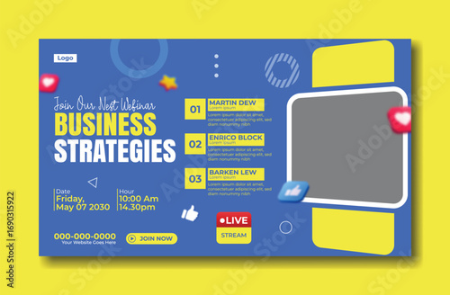 Modern business strategies webinar event promotion with dynamic graphics and live session information