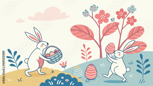 Easter Bunny Egg Hunt: A whimsical illustration captures the spirit of Easter, with playful bunnies engaged in an egg hunt amidst a pastel-colored landscape, symbolizing renewal and joy.