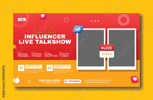 Modern influencer live talkshow event promotion banner with social media icons and live broadcast elements