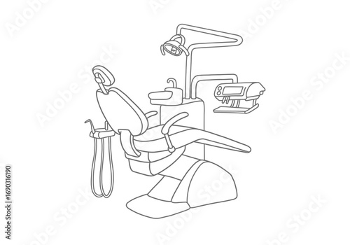 Dental chair drawing. It is a line art sketch of a dental chair, a specialized reclining seat used by dentists for examining and treating patients' teeth and oral health. Vector sketch line art draw.