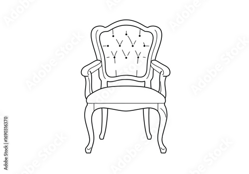 Fancy chair drawing. It is a line art sketch of a fancy chair, an ornate and upholstered piece of furniture with a tufted back, suggesting a vintage or luxurious style. Vector sketch line art draw.