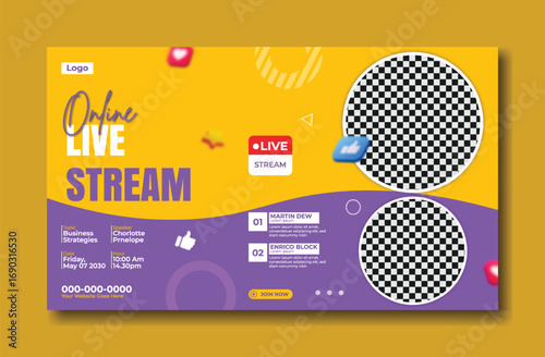 Vibrant live stream banner with young women presenters and engaging graphics for online events