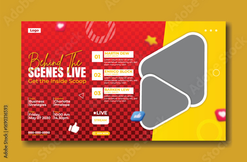 Dynamic event announcement featuring live performance and featured speakers with vibrant graphics