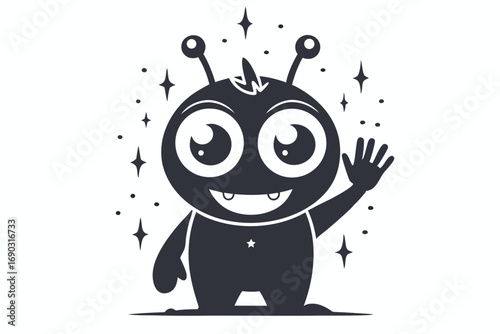 Cheerful cartoon alien with antennae joyfully waves hello in a friendly welcoming manner