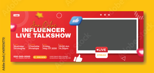 Young female influencer hosts a vibrant live talk show event with balloons and social media icons