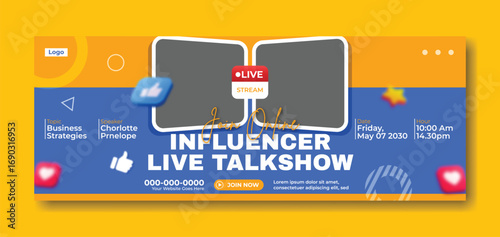 Young influencer hosting a live talk show event with audience engagement and social media promotion