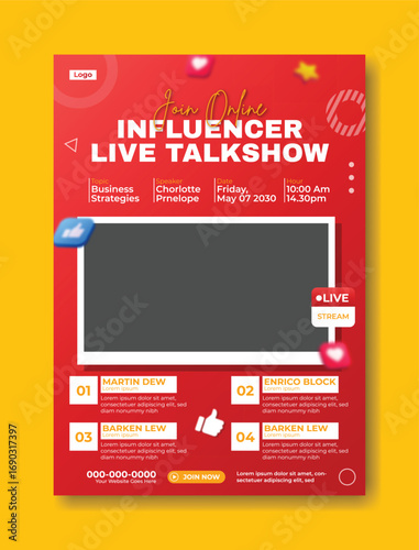 Bright red social media graphic promoting an influencer live talk show with a smiling woman host
