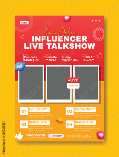 Vibrant social media poster announcing an influencer live talk show event with engaging visuals