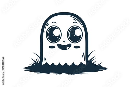Cheerful cartoon ghost with big eyes peeks from the grassy ground, outlined in navy
