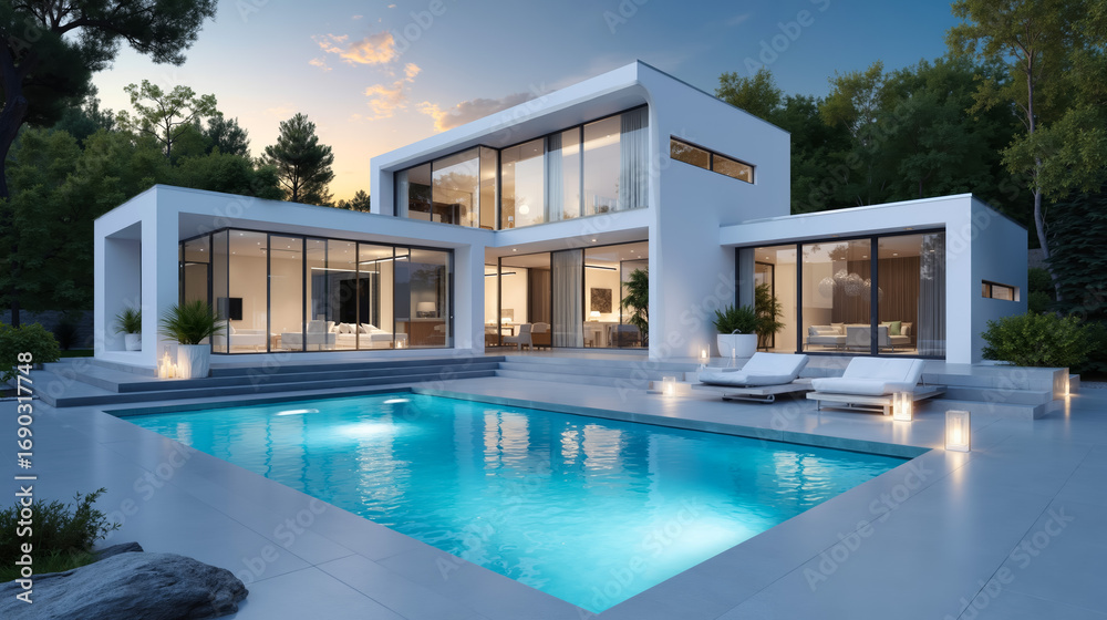 Fototapeta premium A modern house with a swimming pool in the backyard