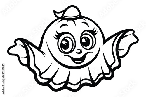 Cheerful ghost with large eyes smiles and extends its hands outward in a black outline