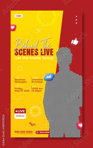 Man with microphone hosting a live event or broadcast with behind the scenes live text on a yellow poster