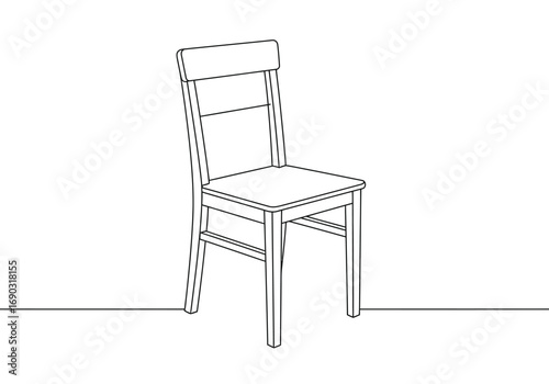 Wooden chair drawing. A line art sketch of a simple wooden chair, a classic and sturdy piece of furniture made from natural wood, suitable for various interior settings. Vector sketch line art draw.