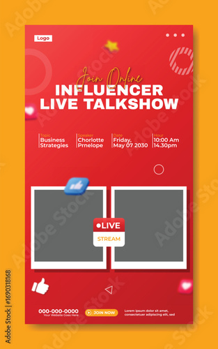 Dynamic social media graphic for influencer live talkshow featuring two female hosts and engaging visual elements