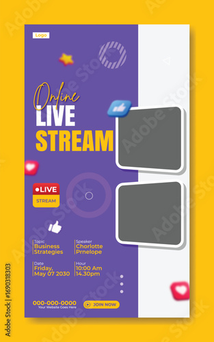 Modern and vibrant online live stream advertisement with engaging visuals and clear call to action