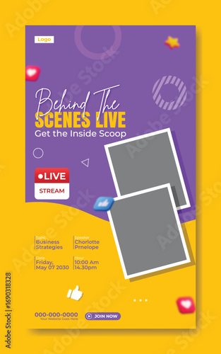 Behind the scenes live event announcement with social media icons and photos