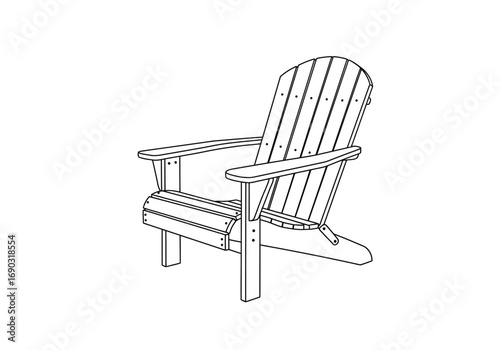 Adirondack chair drawing. A line art sketch of an Adirondack chair, a rustic wooden outdoor chair with a tall, slatted back and wide armrests, perfect for relaxation. Vector sketch line art draw.