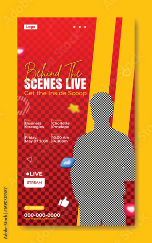 Young man holding microphone on stage for behind the scenes live event with red and yellow background