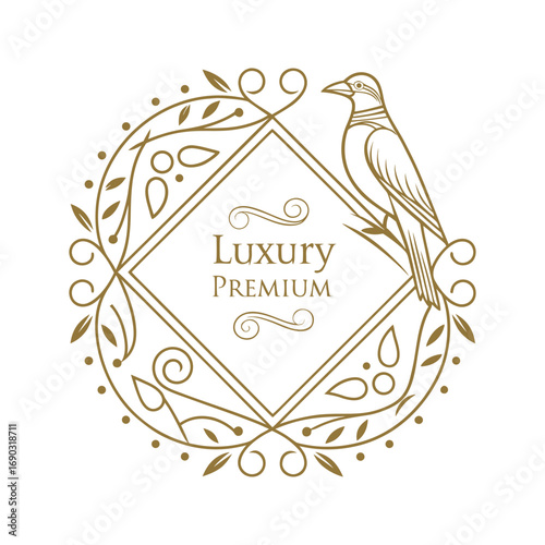 Golden Luxury Premium Bird Logo with Leafy Ornate Frame