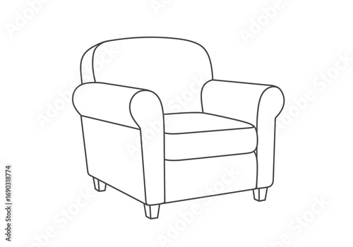Arm chair drawing. It is a line art sketch of an armchair, a comfortable upholstered chair with armrests, perfect for a living room or lounge area. Vector sketch line art draw.