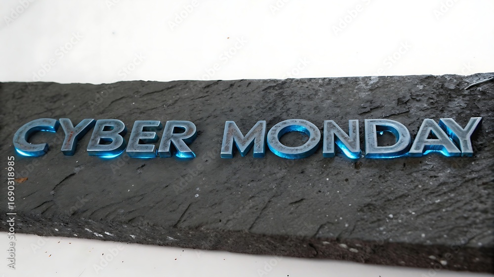 Fototapeta premium Closeup of cyber monday text in metallic blue letters on a dark stone surface, highlighting a significant online shopping event