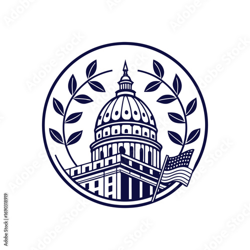 Capitol dome with laurel wreath and USA flag vector emblem. Symbol of government, democracy, politics, and authority. Perfect for logo, badge, insignia, or institutional design.