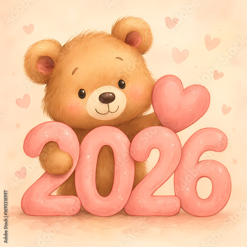 Cute teddy bear with pink 2026 numbers and heart illustration
