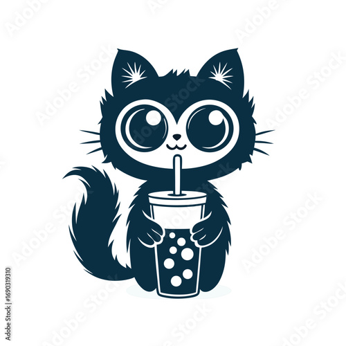 Cute black kitty with big eyes enjoys a refreshing bubble tea drink using a straw