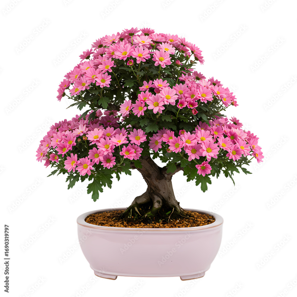 Naklejka premium Pink Chrysanthemum Bonsai Tree: Miniature Plant in Pot