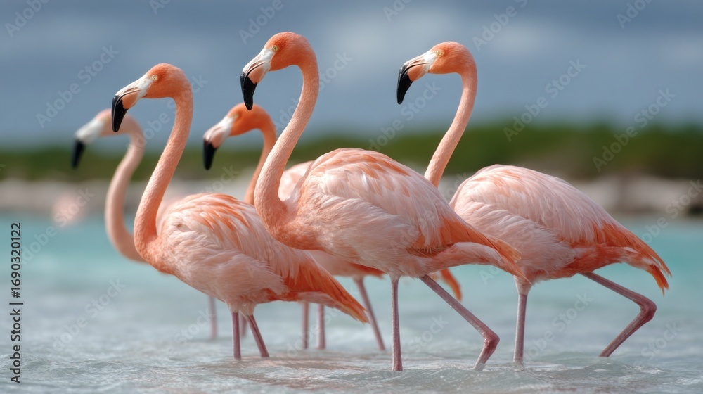 Obraz premium Pink flamingos wading in shallow water on a sunny day at a tropical location