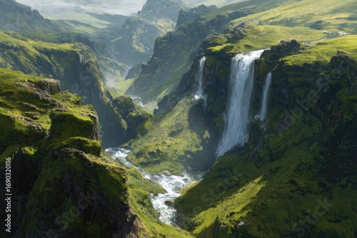 sweeping landscape of tall waterfalls cascading into green valleys, bright natural light, majestic scenery.