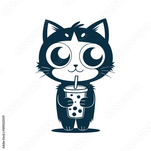 Cute cartoon black cat is enjoying bubble tea with a straw on white