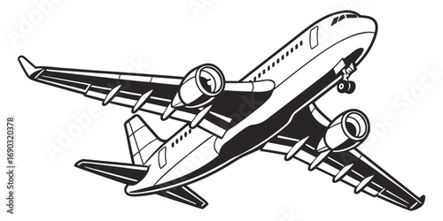 A high-contrast black and white stencil-style image of a commercial airplane in mid-flight, shown from a front-left angle. The airplane has a rounded nose and twin engines visible under the wings. The