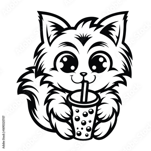 Cute cartoon cat enjoys its bubble tea with a charming straw on white background