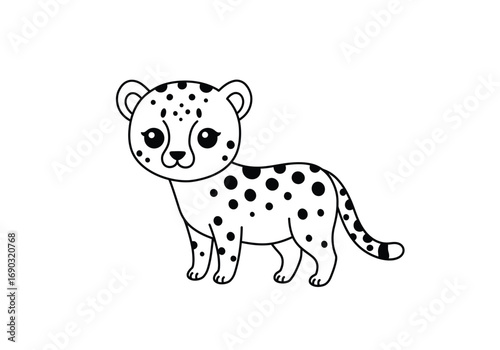 Kawaii cute cheetah drawing. It is a line art sketch of a cute cheetah cub in a kawaii style, a spotted feline animal with an adorable and charming expression. Vector sketch line art draw.