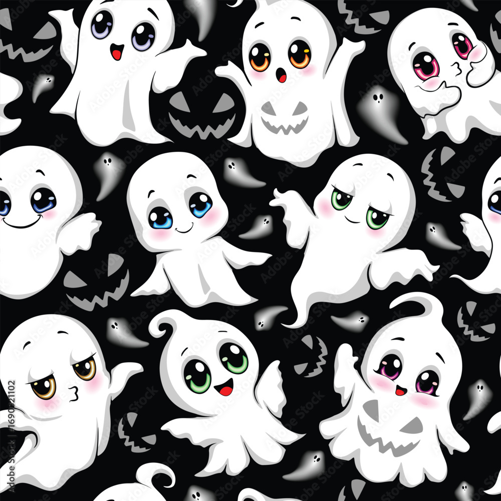 Fototapeta premium Baby Ghosts Spooky and Cute Halloween Cartoon Characters Textile Vector Seamless Repeat Pattern Motive 