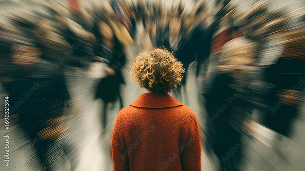 Obraz premium Standalone in the midst of blurry crowd of people. Lost, alone in the crowd. Focused lone wolf, loneliness. Agrophobia moving crowd. City crowd blurry people, motherless, motion timelapse people