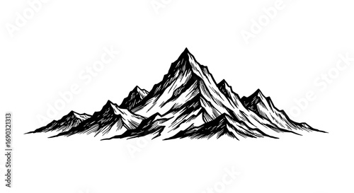 Hand-drawn mountain range illustration in a vintage engraving style. Vector artwork of a rocky peak for outdoor adventure logos and branding