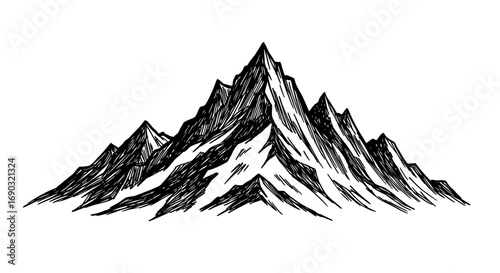 Hand drawn mountain range with snowy peaks in a vintage sketch and engraving style. Isolated vector art for adventure and outdoor travel logo design