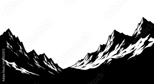 Majestic Mountain Peaks A Black and White Illustration of a Dramatic Landscape