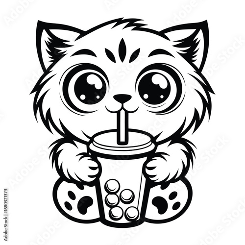 Cute cat face is shown holding a bubble tea drink with both paws