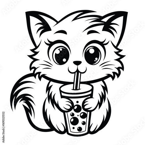 Cute feline drinks from a large cup using a straw with bubble circles