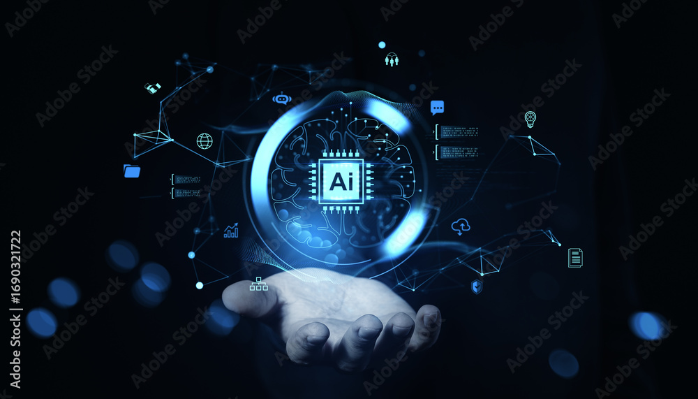 Fototapeta premium Futuristic holographic AI brain concept hovering above a hand with digital interface icons and neural network elements in glowing blue on dark background.