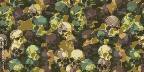 Camo background with skulls in army green. Seamless repeating pattern. Stock vector illustration for your design.